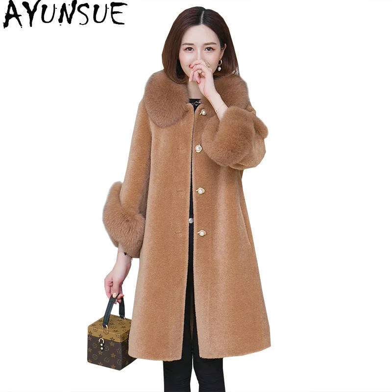 AYUNSUE 100% Wool Coat Women Clothes 2025 Winter Jacket Fashion Sheep Shearling Coats Woman Warm Fox Fur Collar Composite Fur