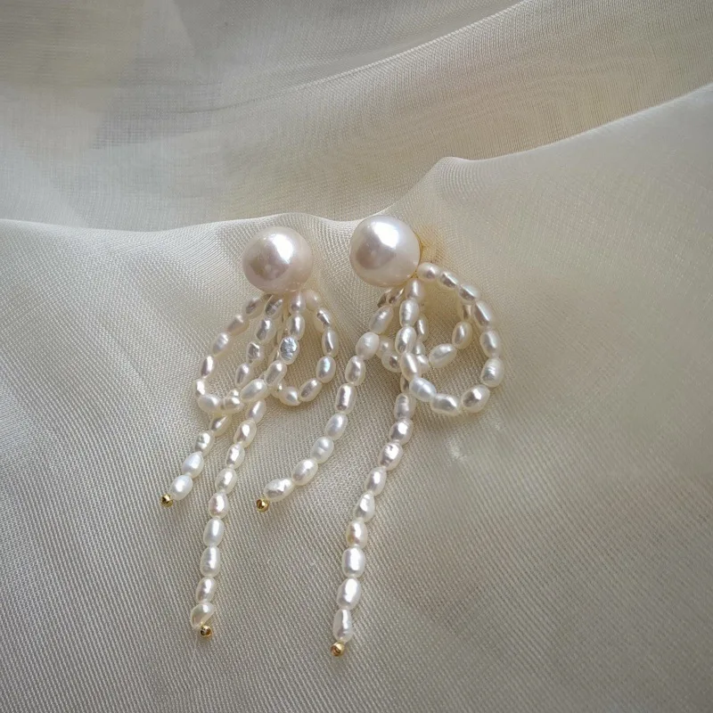 White Natural Pearl Handmade Tassel Mid-length Earrings Popular Style Dangle Earrings Statement Jewelry Valentines Jewelry