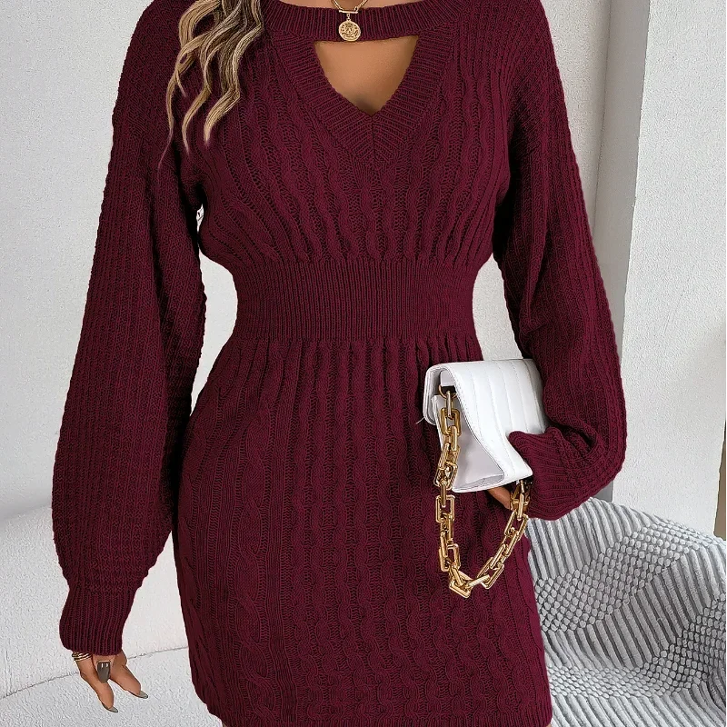 

Women Autumn and Winter New Round Neck Pullover Sweater Solid Color Hollow Out Splicing Wrapped Buttocks Lantern Sleeve Dress