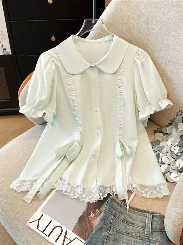 

Большие размеры 300, милая японская кружевная отделка, ort Sve, женская летняя новая хлопковая повседневная блузка с ушками