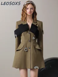 Hot Sale Autumn and Winter Women's High-End Design Sense Army Green Dress Office Lady Niche Retro Suit Dress Elegant Dresses