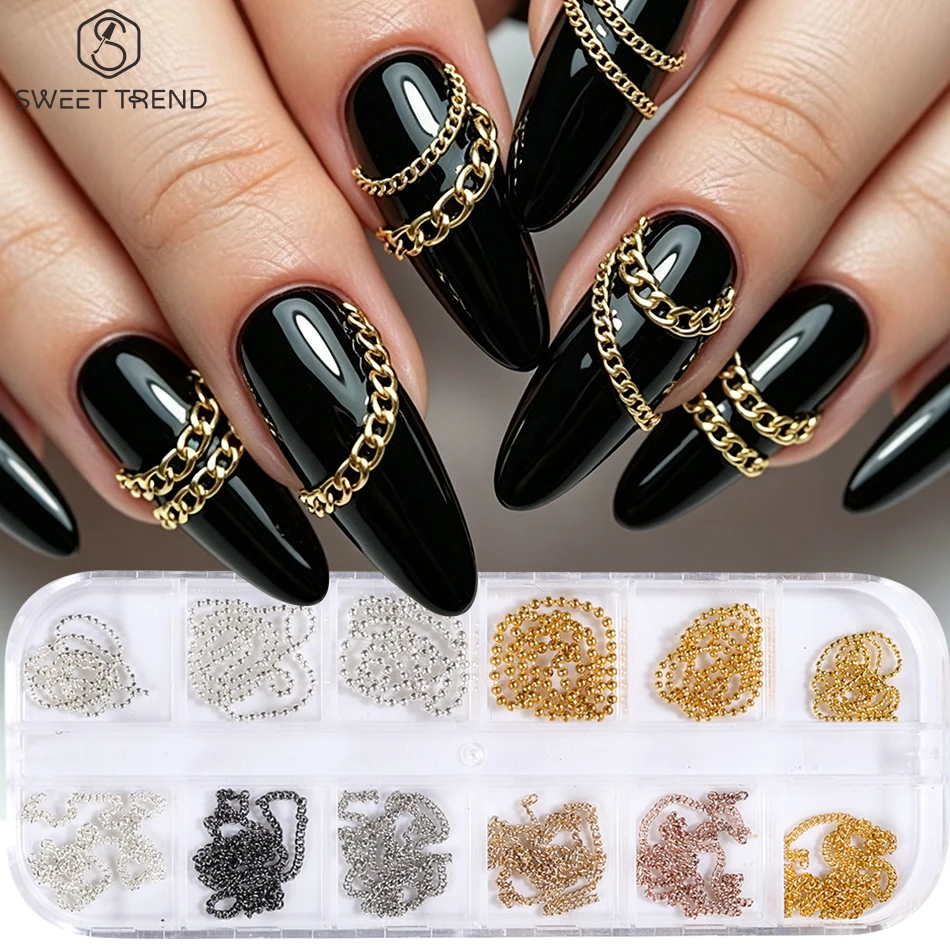12 Fächer mit gemischten Metall-Nagelkunst-Kettenanhängern in Gold, Silber und Roségold, 3D-Nagelkunst-Dekorationen, DIY-Maniküre-Zubehör