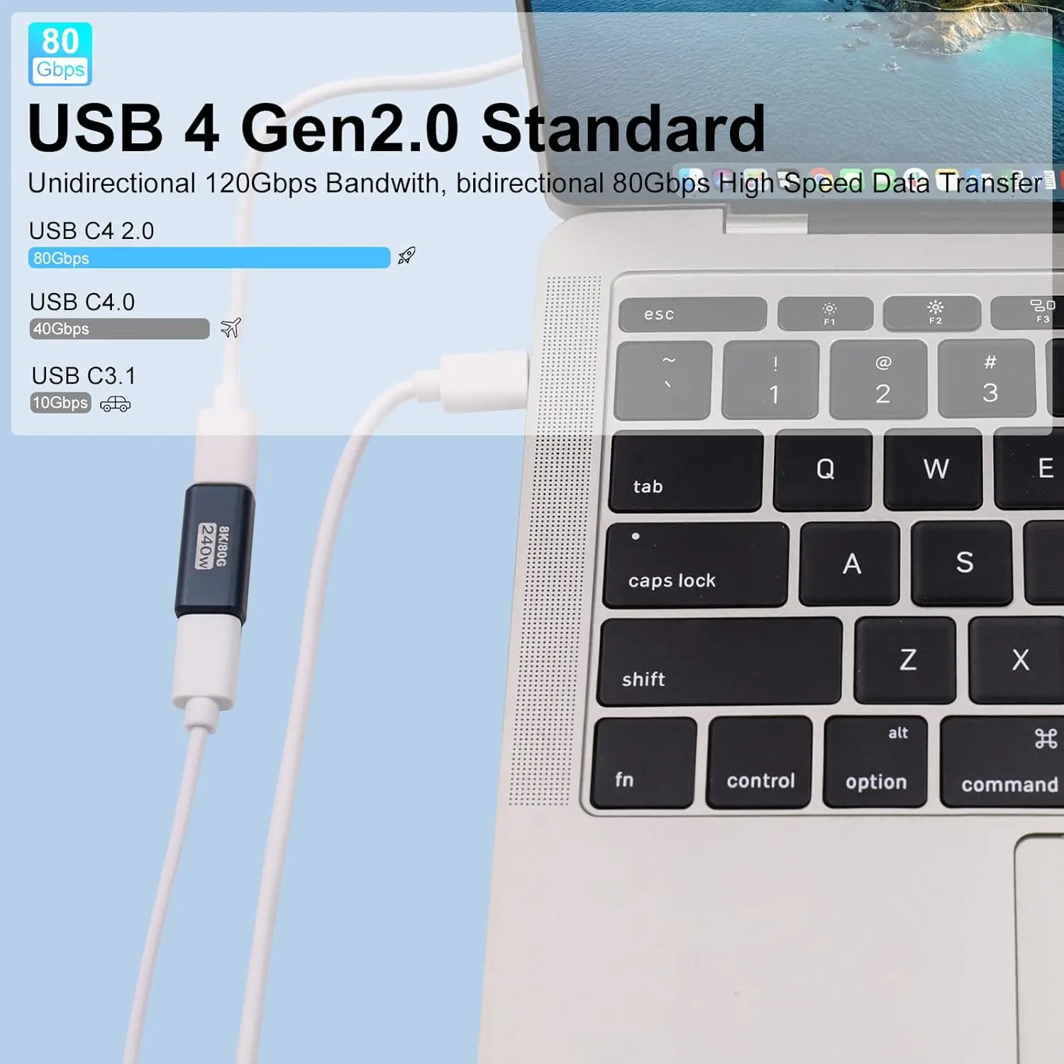 USB4  90 Degree Type C Angle Adapter 80Gbps Thunderbolt 5 4 3 Elbow Adapter 240W USB-C Cable Connector 40Gbps for MacBook Air