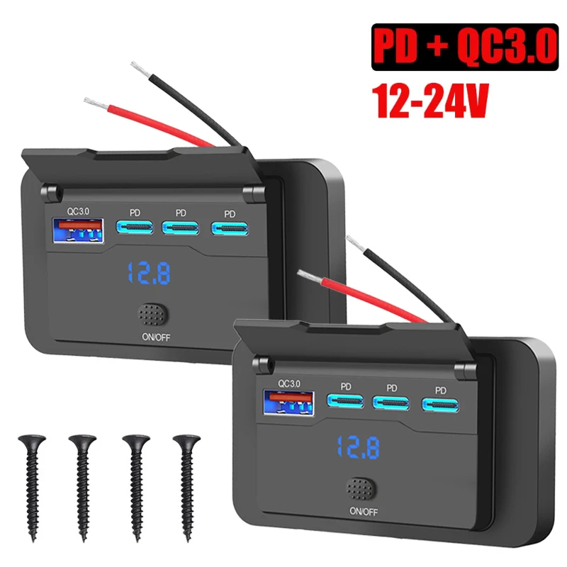 Drei PD & QC 3.0 USB-Autoladegerät, 12 V, RV-USB-Steckdosenfeld mit Schalter und Voltmeter, Schnellladebuchse, Zubehör für Auto, Bus