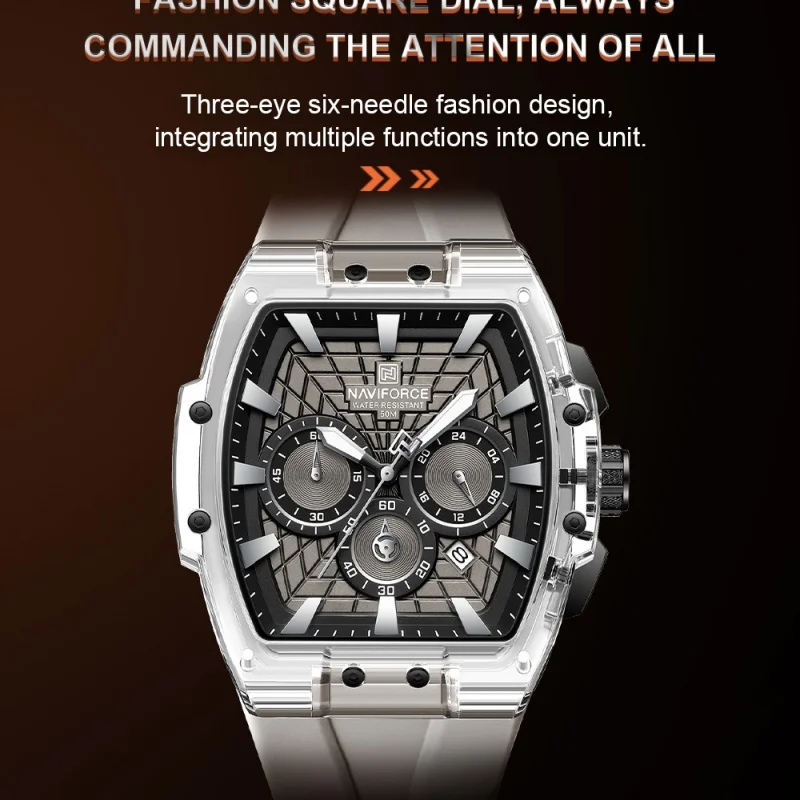 NAVIFORCE Mens Sport Watches 5ATM Waterproof Chronograph Tonneau Silicone Strap Luminous Casual Quartz Male Wristwatch Gifts box
