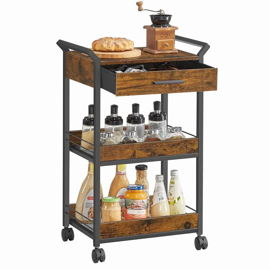 Storage Trolley, 3Tier Rolling Cart with Table Top, Handles, 4 Lockable Castors, Top Drawer, Mesh Shelves, for Kitchen, Bathroo