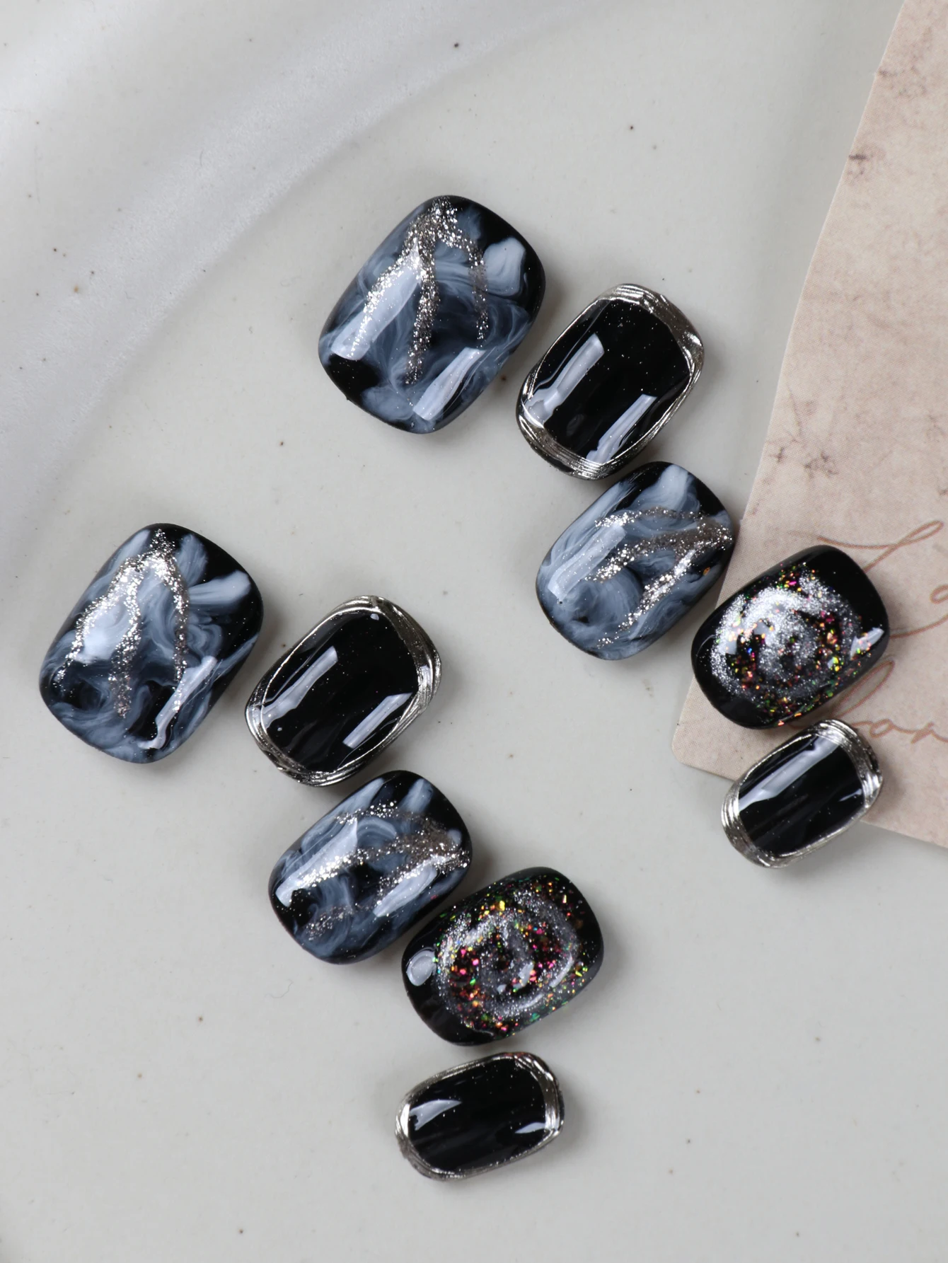 10Pcs Press on Nails  short black White halation nail art Fake Nails Includes 1 Sheet Adhesive Tabs & 1 Pc Mini File