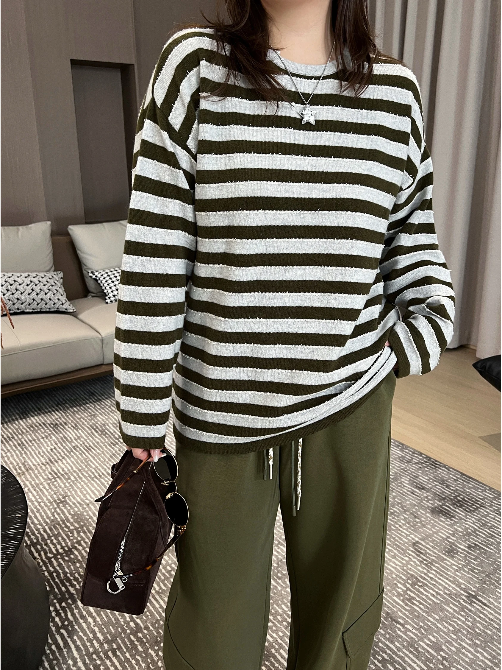 

Толстый вязаный свитер в полоску большого размера из 100% шерсти, 26 петель, осенне-зимний, теплый, женский, с круглым вырезом, средней длины