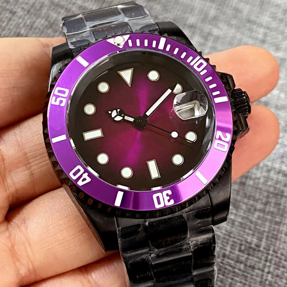 Tandorio PVD SUB 40mm Luxury Top Purple dial 200M Waterproof Diving Men Watch Selfwing NH35AA 316LSteel Diver Wristwatch Jewelry