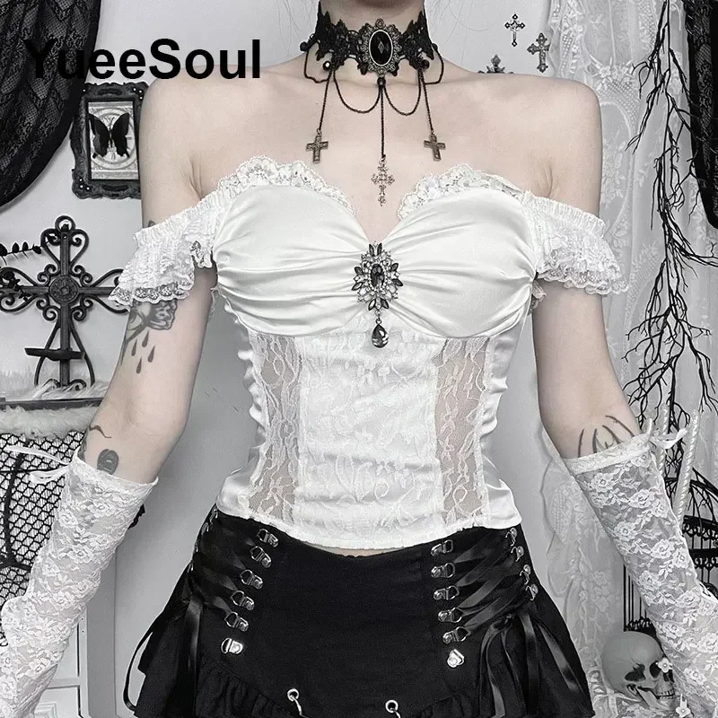 Gotico Crop Top Nero Della Cinghia di Spaghetti Maglia Sottile Corsetto Magliette e camicette 2024 Nuovo Goth Punk Grunge Fairy Core Sexy Y2K