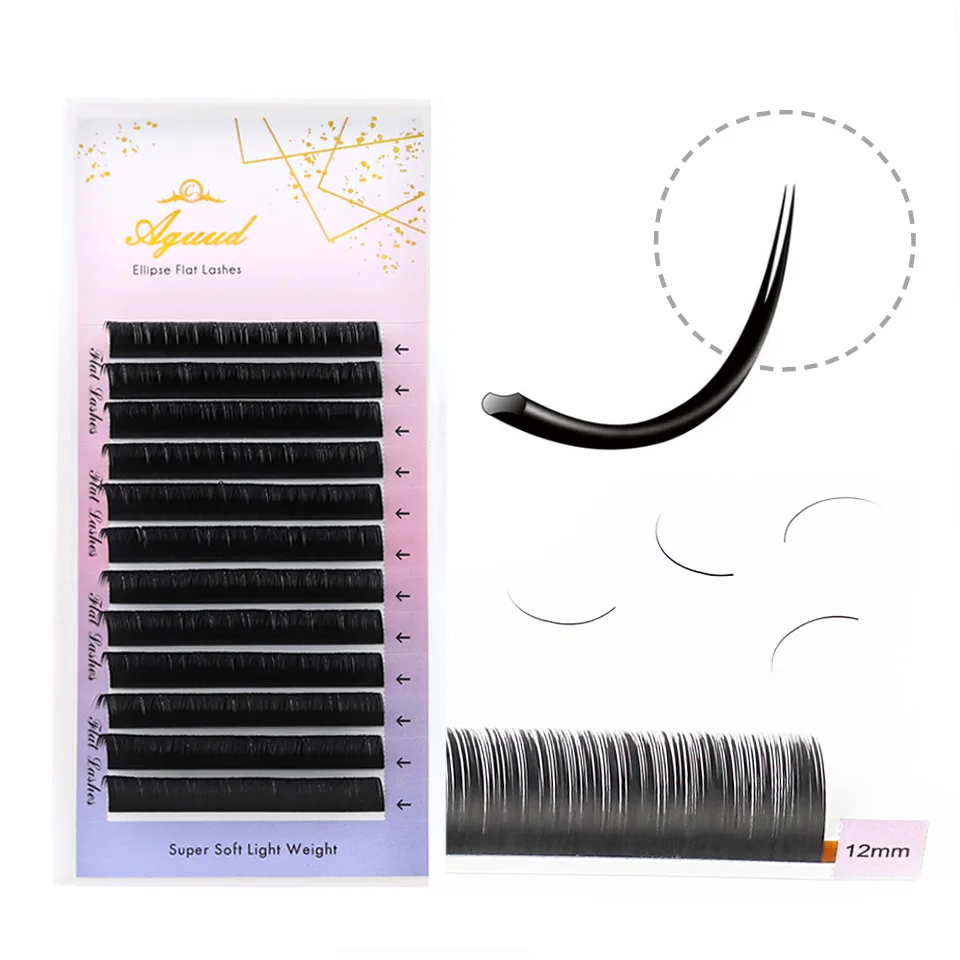 AGUUD Matte Flat Lashes Split Tips Ellipse False Individual Mink Eyelash Cashmere Lash Extension Dark Black Flat Ellipse Eyelash