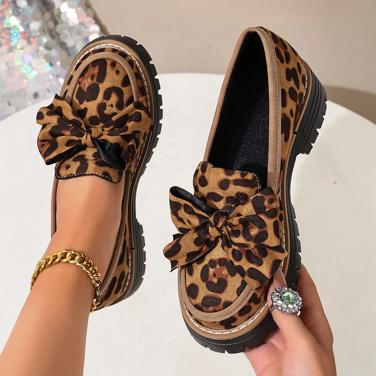 Women Polka‑Dot Bow Platform Loafers Round‑Toe Slip‑On Lug‑Sole Contrast Lolita Vintage Casual Daily Shoes Zapatos De Mujer