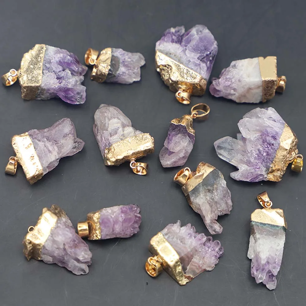 Natural Amethyst Tooth Gilt Edged Crystal Cluster Amorphous Necklace Pendant Reiki Amulet DIY  Jewelry Accessorie Wholesale 8Pcs