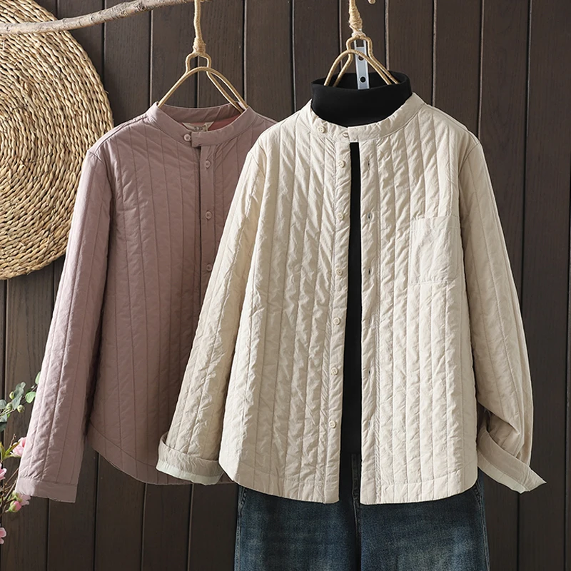 

Thiened Cotton irt Women's Sle Stand Collar Slimming Quilted Casual Striped Warm Cotton Clothing Small Cotton Coat Wint...