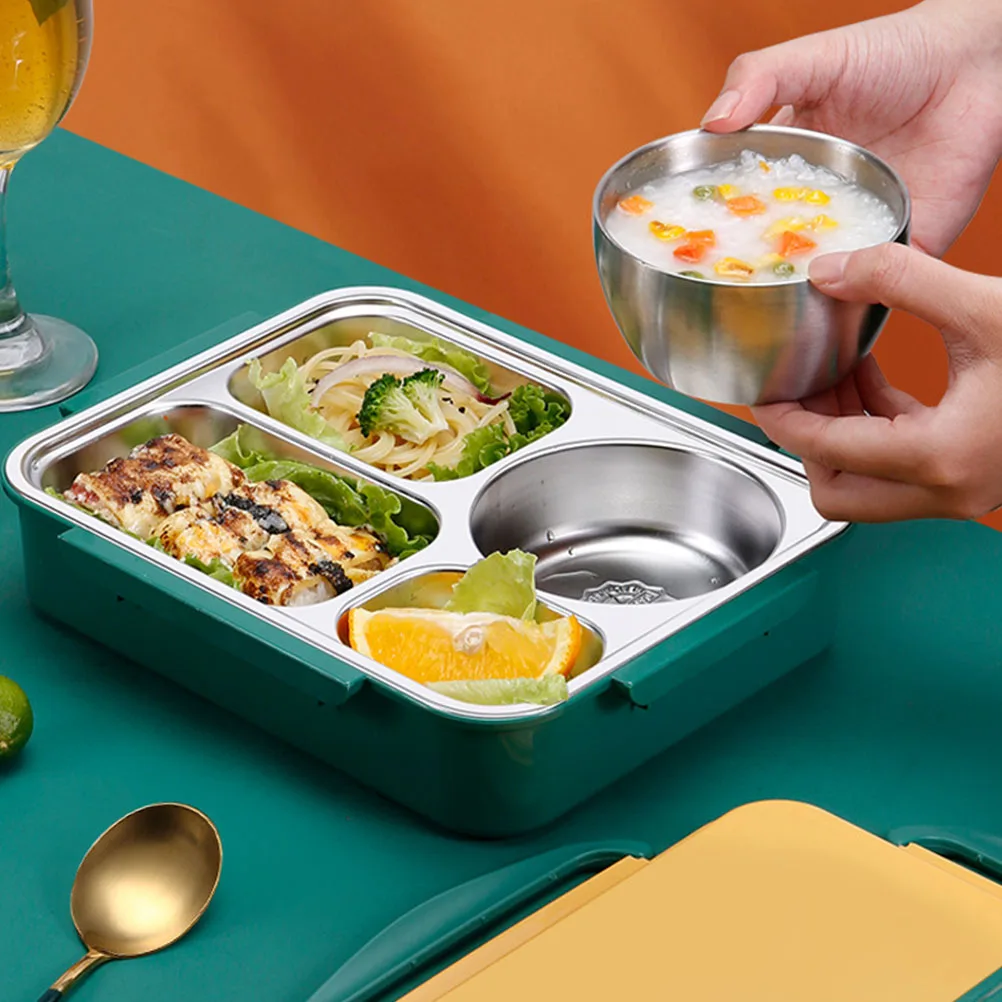 

Stainless Steel Lunch Box Divided Grid Case Green Food Container Thermal Insulation Leak Proof Design For Students Office