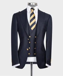 Classic Navy Blue Wedding Groom Tuxedo Customized Business Wear Men's Suits 3PCS Blazer Vest Black Pants Formal Party Male Suit