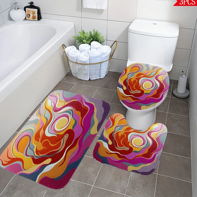 Abstract Swirl Bath Set Three Piece Mat Toilet Lid Cover and U Shaped Rug Soft Non Slip Machine Washable for Bathroom Decor