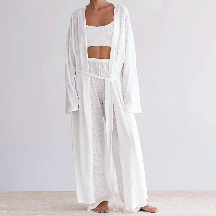 

Elegant Pink Knit Pajama 3 Piece Casual Long Sleeve Blouse Full-Length Pants with Crop Top Vest Autumn Casual Outfits 2026
