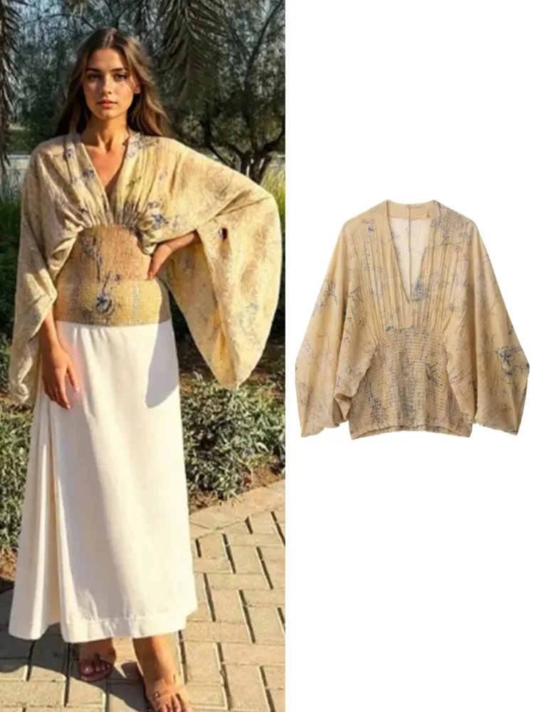 

Шифоновая рубашка с принтом, женская элегантная шикарная блузка с v-образным вырезом и рукавами «летучая мышь», эластичная талия, новинка 2025, летние каникулы, винтажные повседневные топы