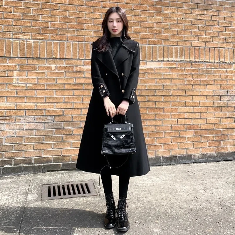 

Long Wool & Blends Coat Women's 2023 Spring Autumn New Woolen Jackets Korean Fashion Trench Coats Plus Size Overcoat Black Coat