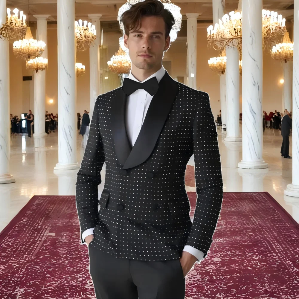 

Fashion Black Dots Men's Suits Shawl Lapel Blazer Sets Formal Double Breasted Wedding Party Tuxedos Male 2 Pieces Jacket Pants