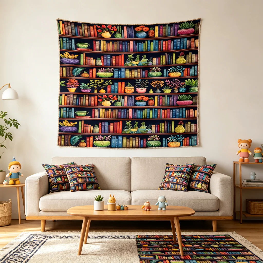 1PC Colorful Bookshelf Art Print Backdrop Banner, Bedroom Living Room Photo Background, Polyester, Home Decor, Wall Art