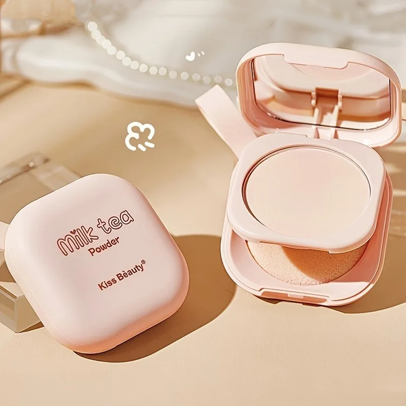 Milk Tea Waterproof Compact Powder - Full Coverage Contour and Concealer, Matte Finish, Double-Layer Portable Setting Powder