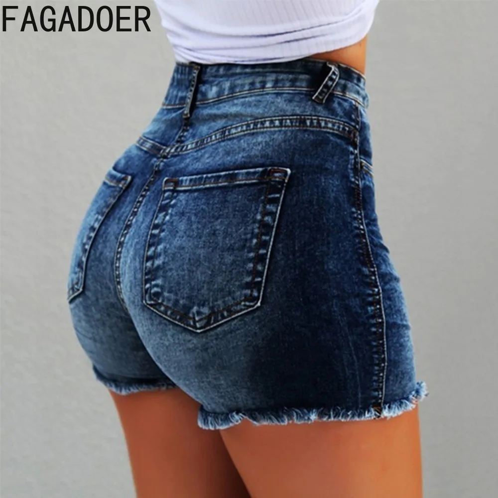 FAGADOER Fashion Solid Tassels Hole Skinny Jean Shorts Women  High Waist Button Pocket Slim Denim Shorts Casual Cowboy Bottoms