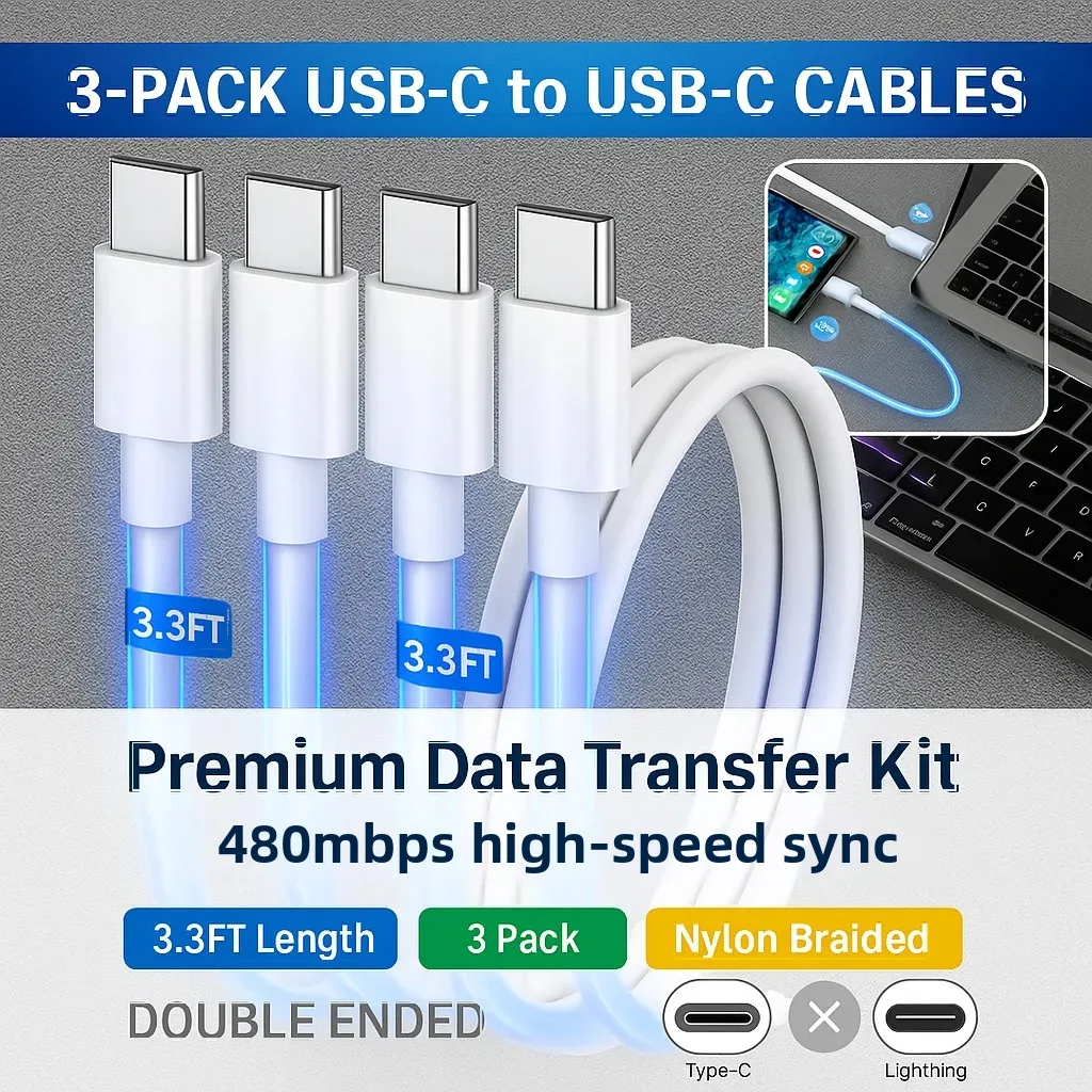 

OUIO 3-Pack USB-C to USB-C Cables 3.3FT, Fast Charging & Data Transfer, Durable Nylon, USB-C Charger Cord for Samsung, MacBook,