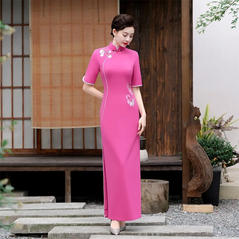 

Plus Size 5xl Chinese Qipao Classic Women Satin Embroider Long Cheongsam Oriental Wedding Dresses 2024 New Evening Party Gown