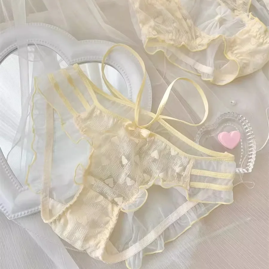 Love Embroidery Mesh Ruffle Sexy Women's Underpants Summer Thin Hollow Out Cute Panties Breathable Perspective Briefs Lingerie
