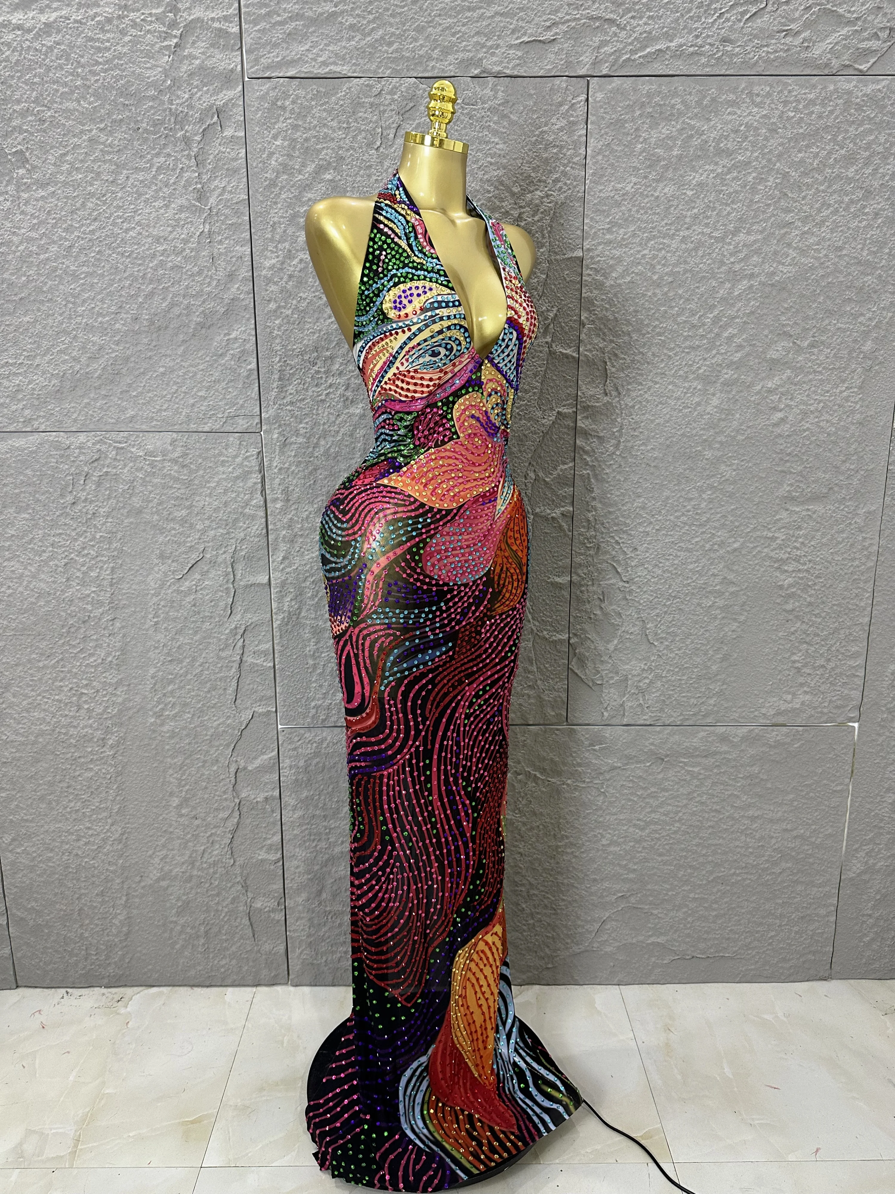 2026 Colorful Rhinestone Print Long Dress Woman Halter Deep V Neck Backless Wom… - Image 5