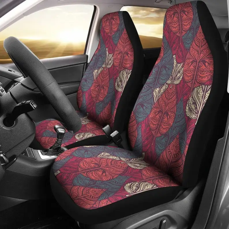 

Pink Red Tribal Leaves Floral Flowers Car Seat Covers Pair, 2 Front Seat Covers, Car Seat Protector, Car Accessories
