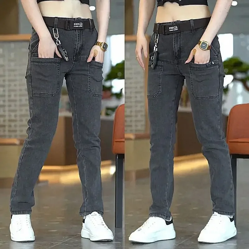 2024 New Men Jeans Fashion Pocket Cargo Denim Pants Korea Casual Pants Straight Jean Womens Streetwear Blue Gray