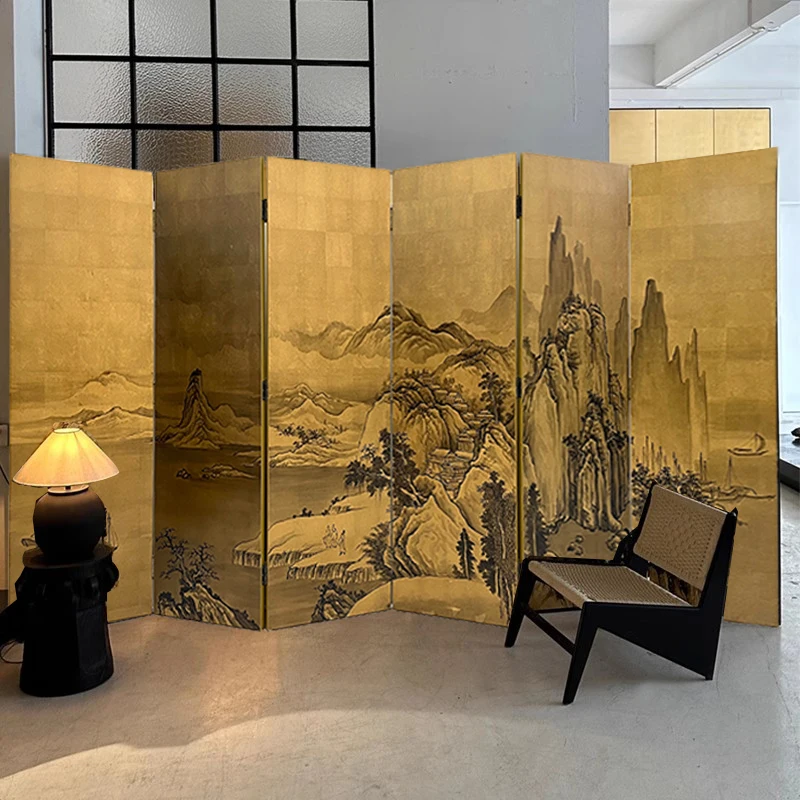 Landscape Lacquer Painting With Gold Foil Indoor Foldable Screen Partition