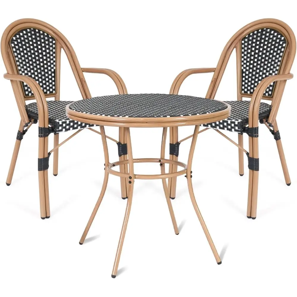 

All-Weather Wicker 3-Piece Patio Dining Set with Armrests, Suitable for Outdoor Bistro and Balcony, Black/White