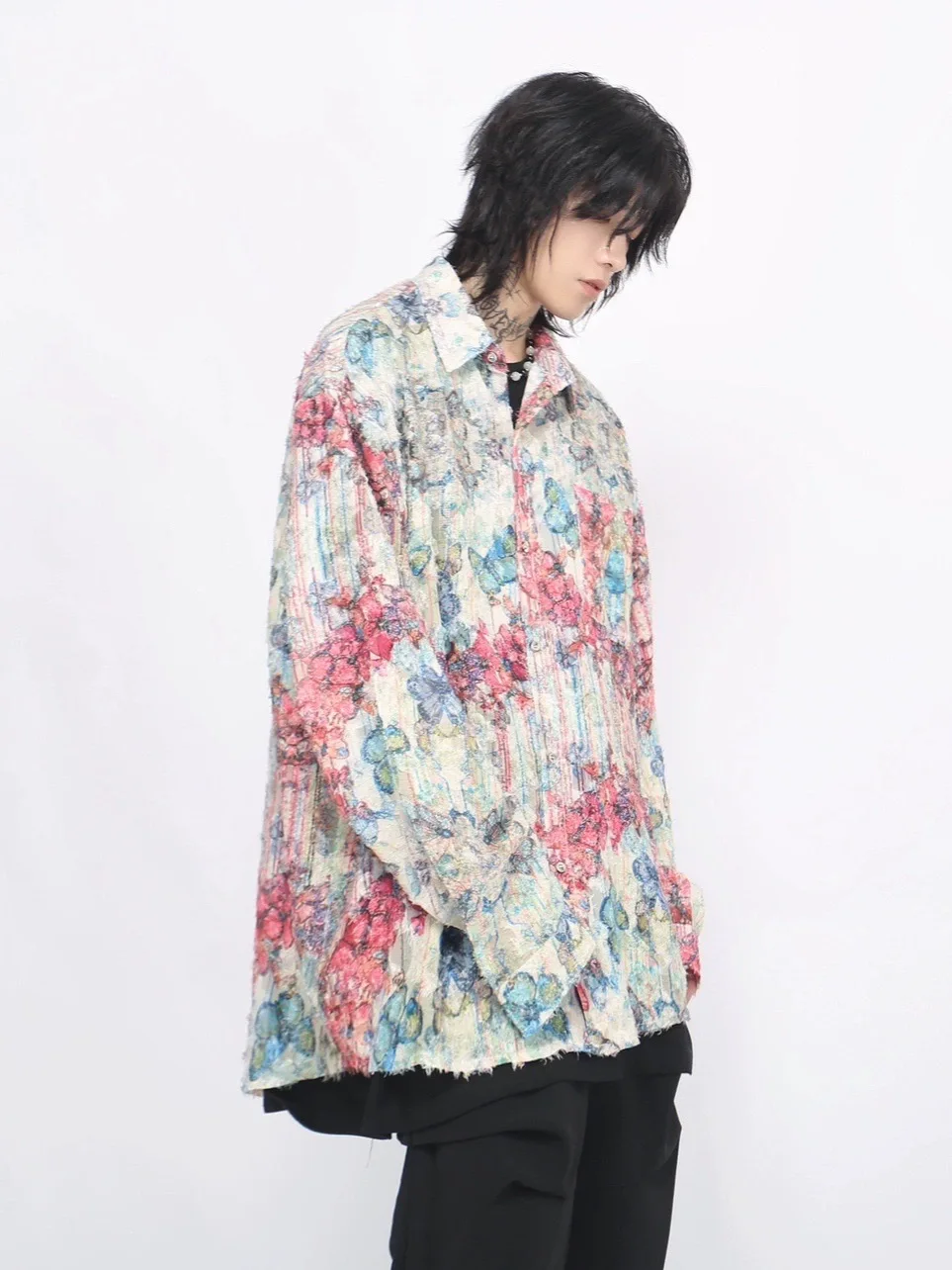 2025 Spring and Autumn New American Retro Design Butterfly Graffiti Print Red and Blue Loose Casual Long Sleeve Shirt