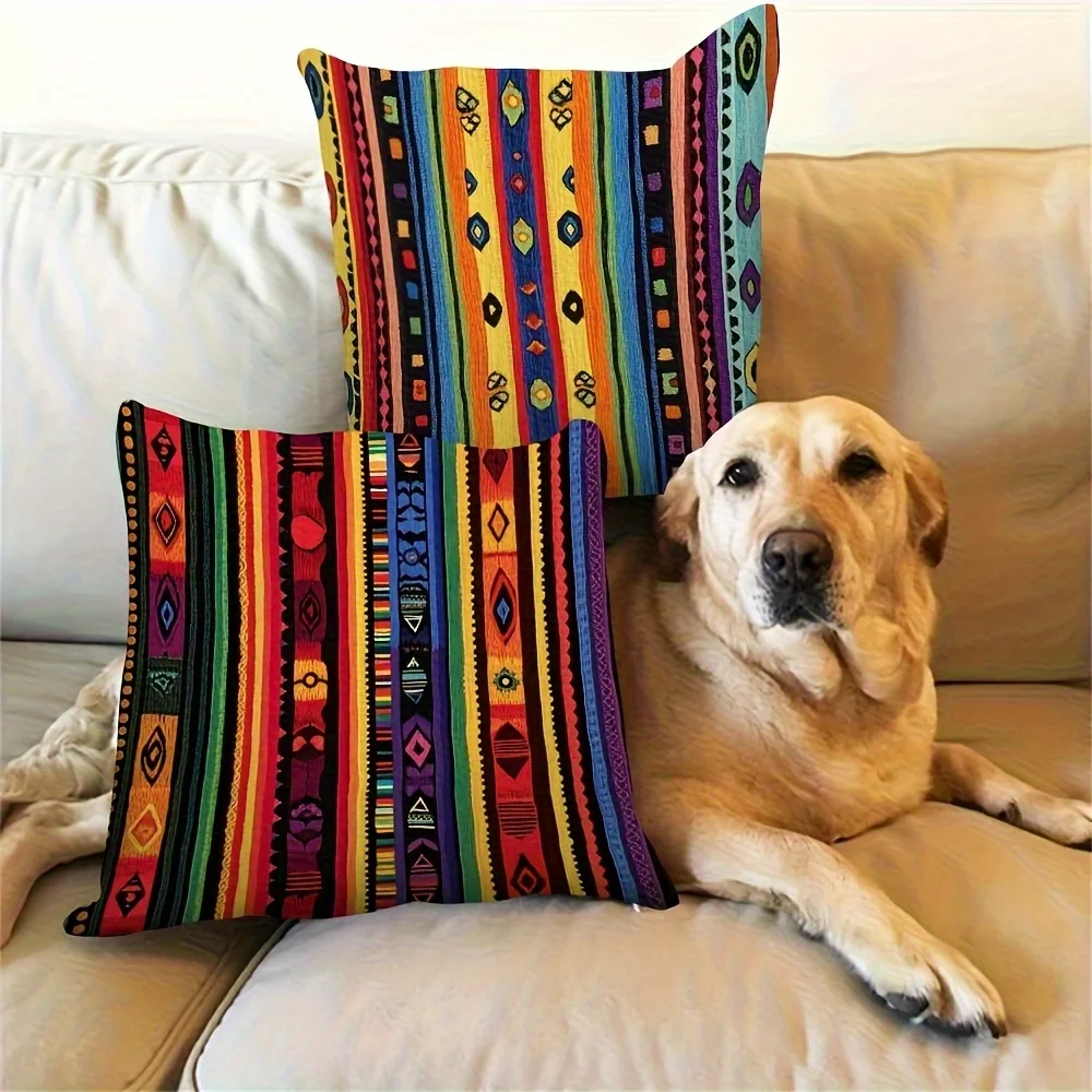 1pc Colorful Geometric Tribal Throw Pillow Cover 2D Double-Side Print Polyester Cushion Case for Home Sofa Car Outdoor Decor