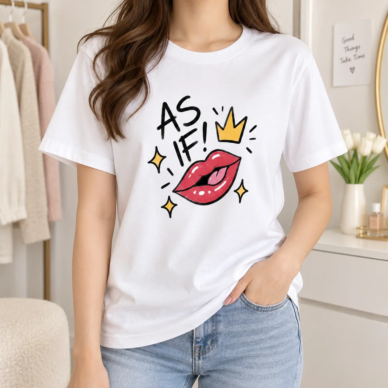eavyweight  Women Graphic T-Shirt, As If Lips Crown Print Y2K Oversized Casual Tee