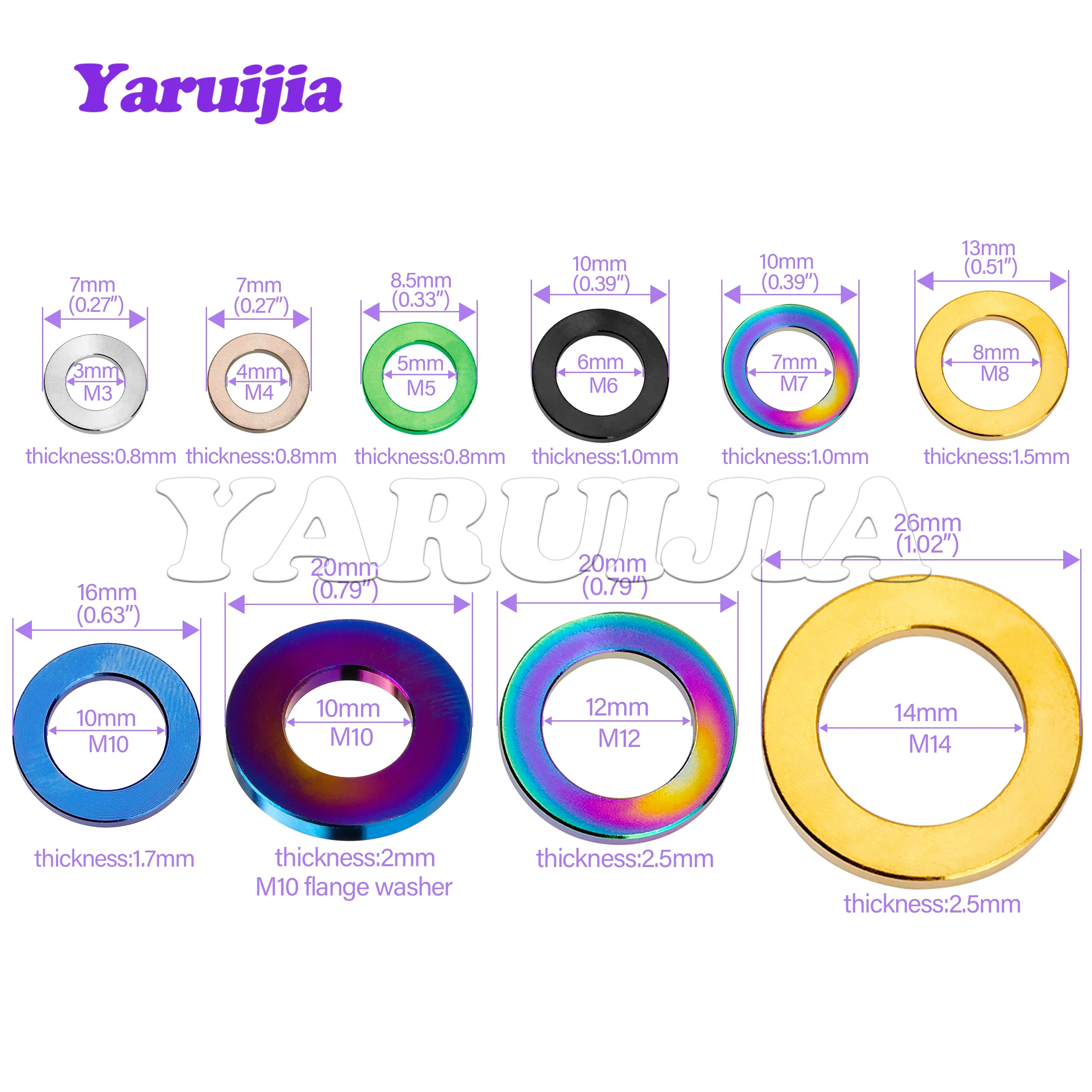 Yaruijia Titanium Washers M3/M4/M5/M6/M7/M8/M10/M12/M14 DIN912 Flat Spacer Gasket for Bicycle Cycling Motorcycle Car 10pcs
