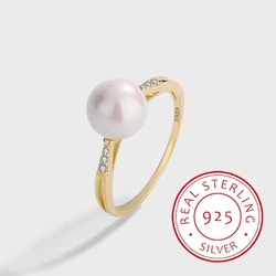 Fashionable, Classic and Versatile Genuine S925 Silver 14K Gold Pearl Ring for Women Niche Design Luxury Inlaid Style