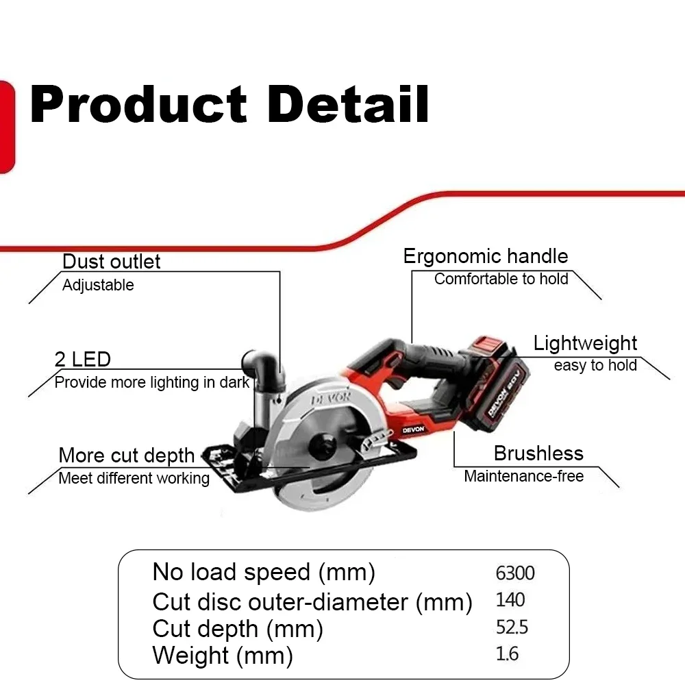 Devon 5835 Wireless Circular Saw Brushless 20v 140x20mm Depth 52.5mm Adjustable for Woodworking Universal Flex Battery Platform