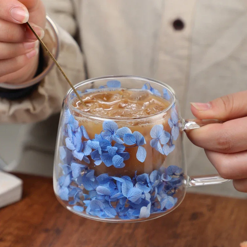 200ml Double Wall Glass Cup Transparent Dry Flowers Coffee Mug Heat Insulation Juice Milk Cup with Handle for Office Home Drink