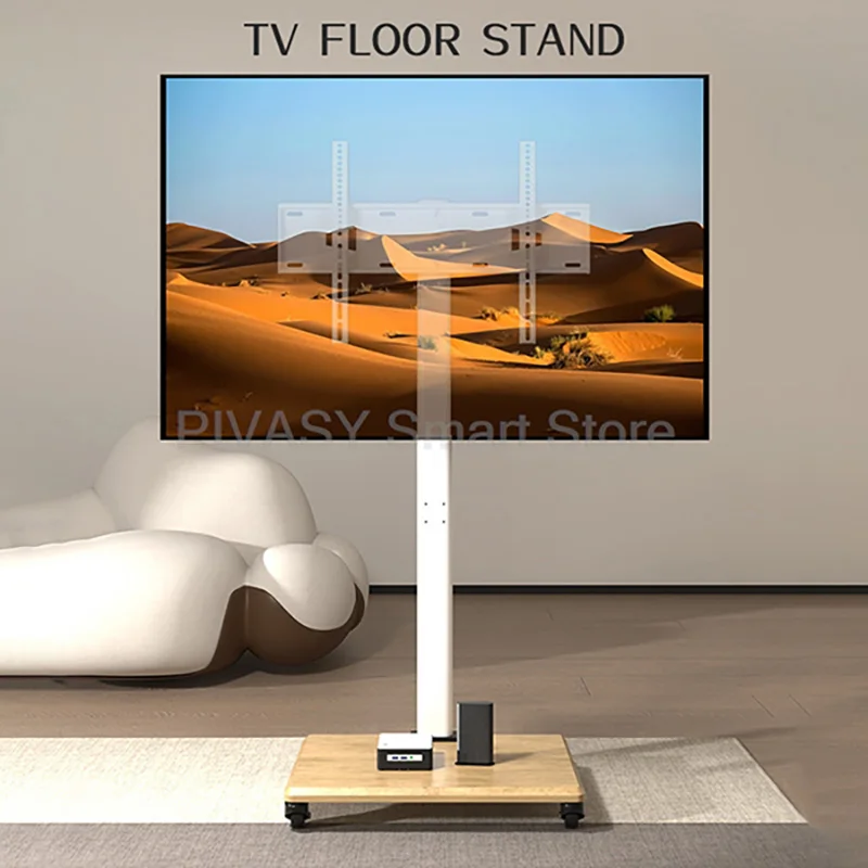 Portable TV Stand Mount Mobile Height Adjustable Large Tv Holder 32-75Inch Solid Wood Television Rolling Bracket for Living Room