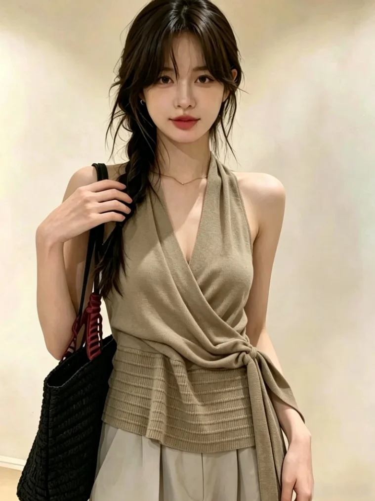 

Summer New Style Women's Knitted Vest Belted Slim Fit V-Neck Sleeveless Neck Hanging Sash Back Top Korean Version