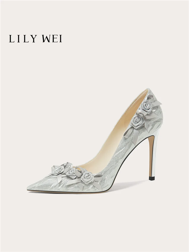 Autumn new pointed shallow mouth lace sequin bow rose wedding shoes banquet large size small size widened high heels women shoes