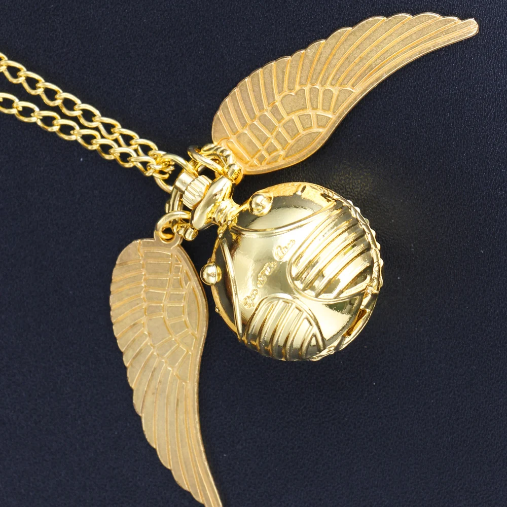 Golden Snitch Ball Shaped Quartz Pocket Watch Fashion Sweater Angel Wings Necklace Pendant Gifts for Men Women kids