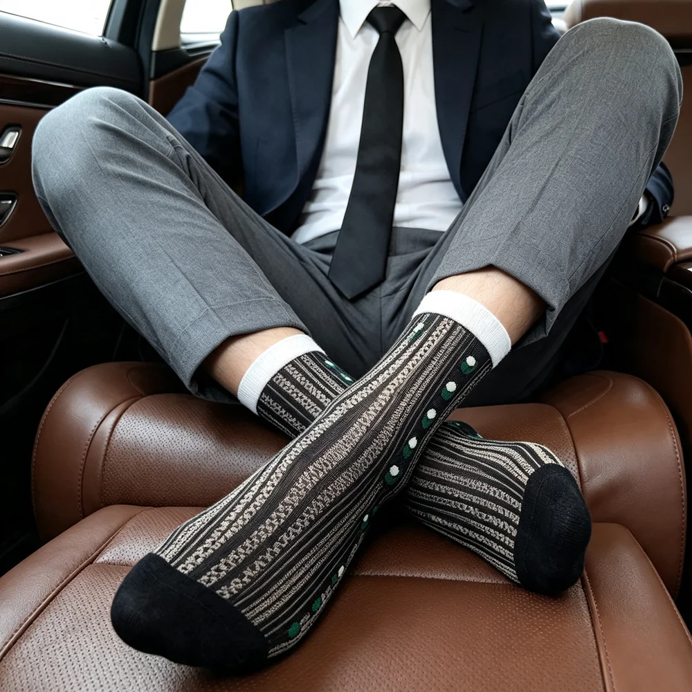 Men's Striped Geometric Dress Socks Formal Business Crew Socks Colorful Novelty Pattern for Suit Office Gift Hosiery