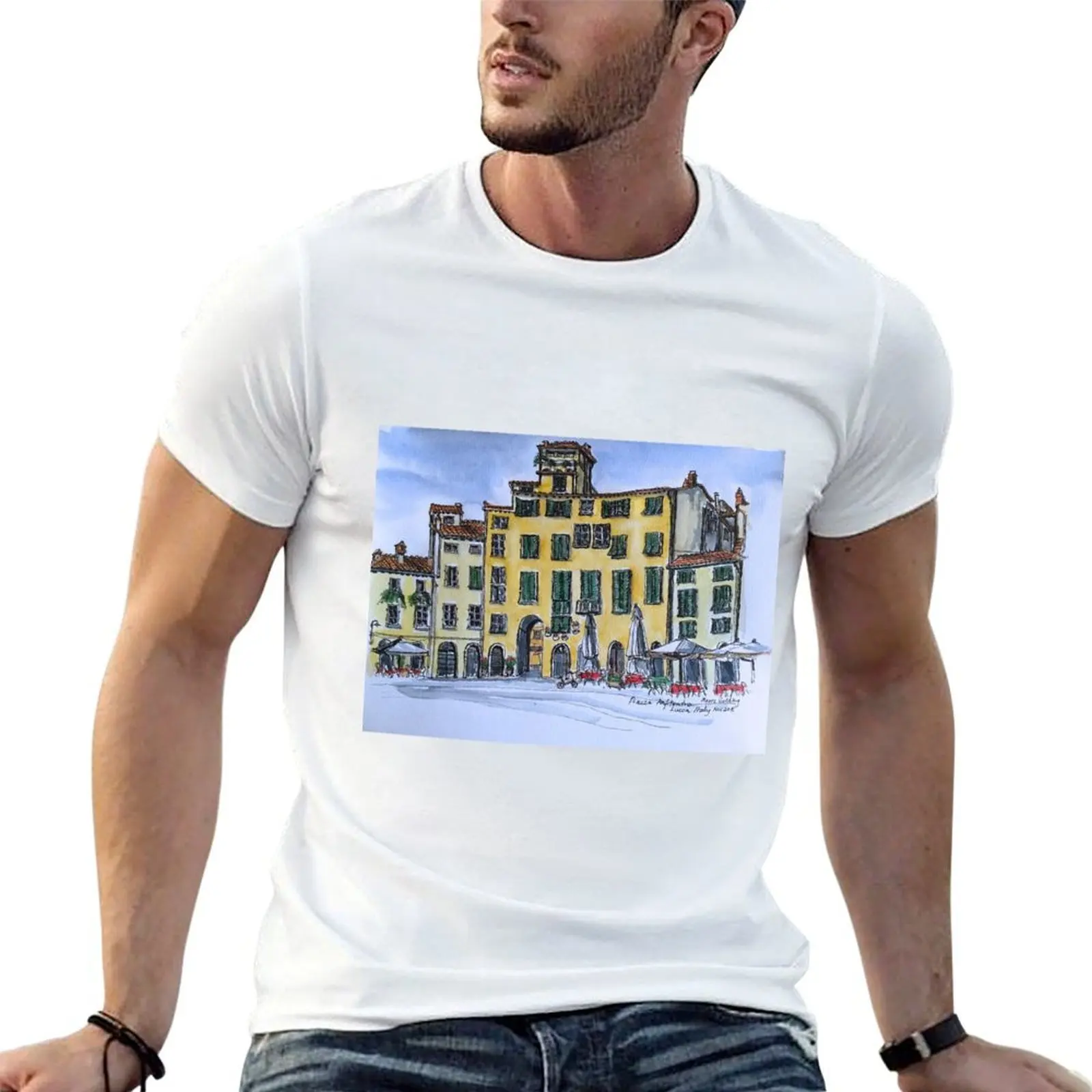 

Piazza Anfiteatro Lucca 2015 pen and wash T-Shirt cotton tshirt 100% funny t shirts dark humor T-Shirt