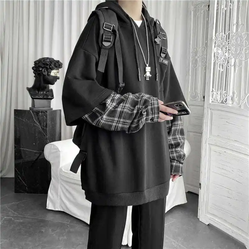 Fake Two Piece Plaid Patchwork Black White Oversize Harajuku Korean Fashion Casual 2022 Hoodie Long Sleeve Autumn Men Sweatshirt